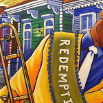 very colorful painting of GDA with his trombone walking through the streets of Treme, equally colorful houses in the background